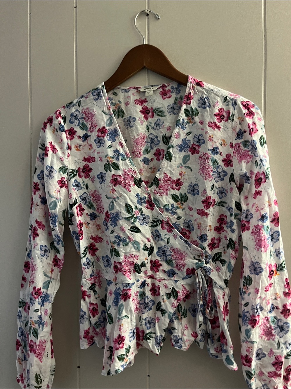 Floral Wrap Peplum Top - White with Pink & Blue Floral